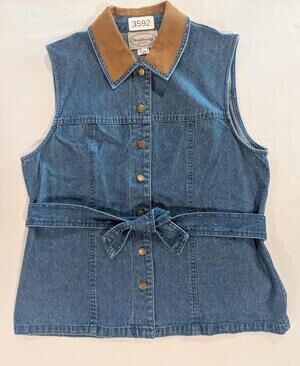 Stonebridge Petites Vest Womens PM Blue Denim Button Front Belted Collar Casual
